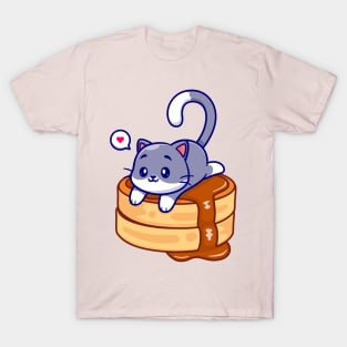 Cute Cat Laying On Pancake Cartoon T-Shirt